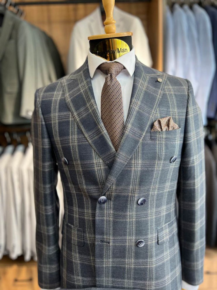 Костюм MAZALTOVMAN 2-ка двубортный премиум Серый в бежевую клетку